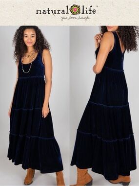NATURAL LIFE KARLIE VELVET MAXI DRESS XL NAVY BLUE TIERED BOHO COTTAGECORE *NWT*